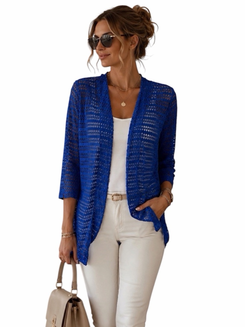 Chicos Travelers Blue Net Mesh Open Front Lightweight Cardigan
